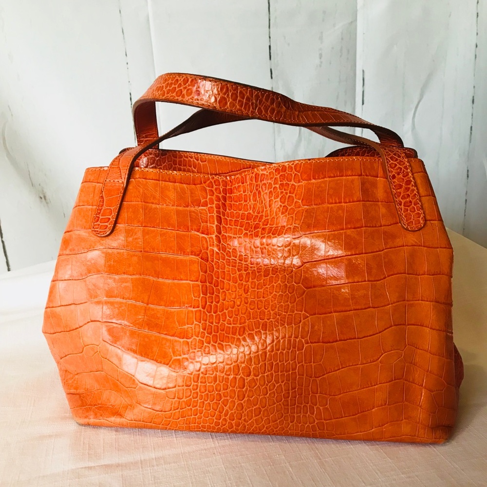 Max Mara Fall Leather Croc Print Orange Handbag